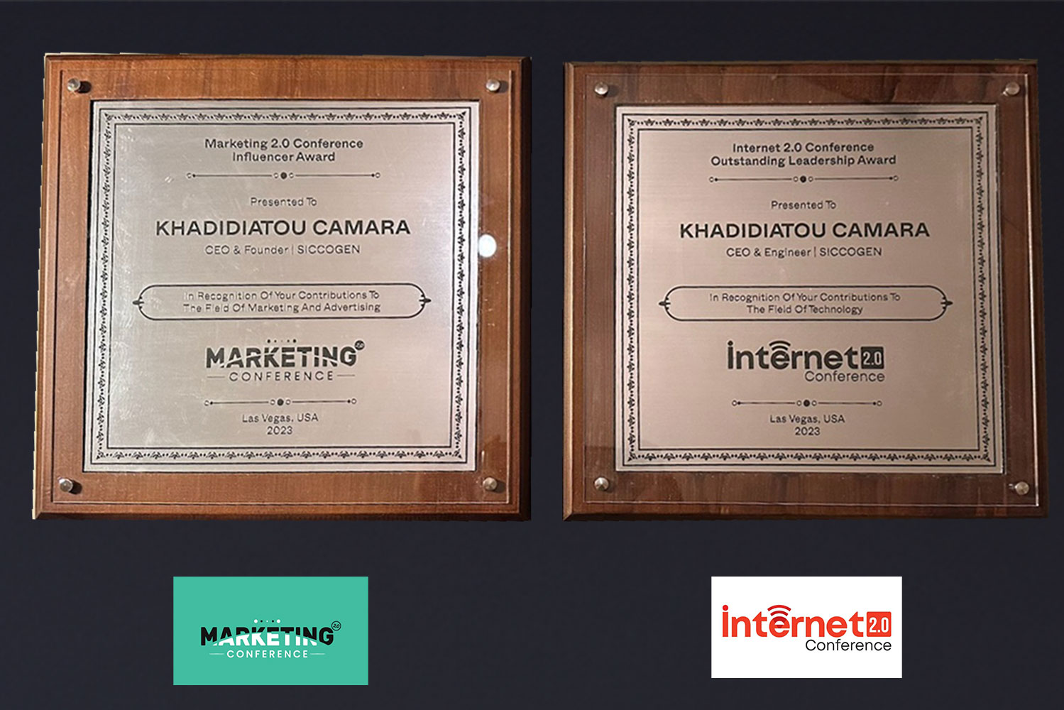 Khadidiatou CAMARA receives the Influencer Award and the Outstanding leadership Award at Marketing 2.0 and Internet 2.0 conference in 2023 in Las Vegas